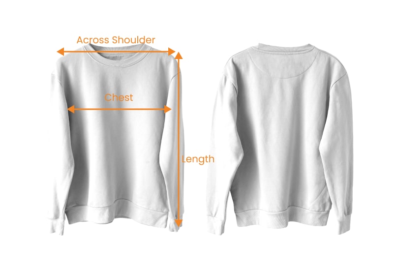 Sweatshirt showing the measurements, including across the shoulder, chest, and length