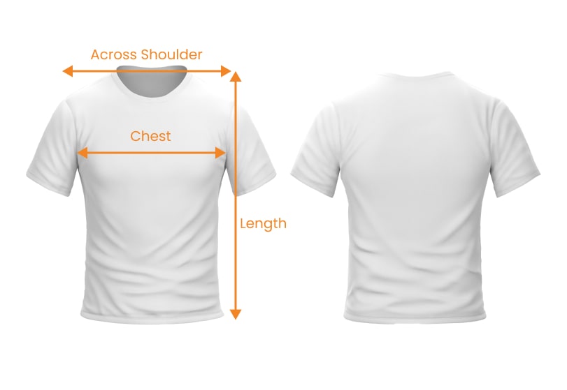  A white t-shirt showing the measurements, including across the shoulder, chest, and length