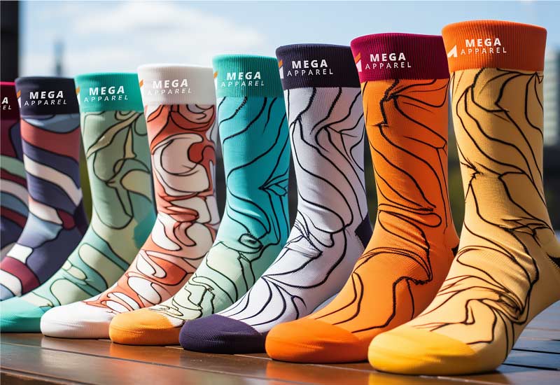 A group of custom socks design with mega apparel logo on it