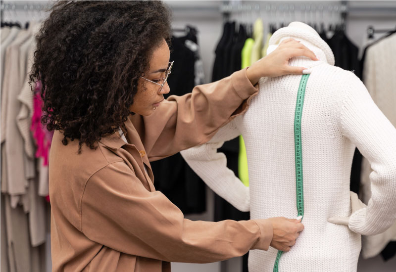 Person adjusting sweater on mannequin in clothing store