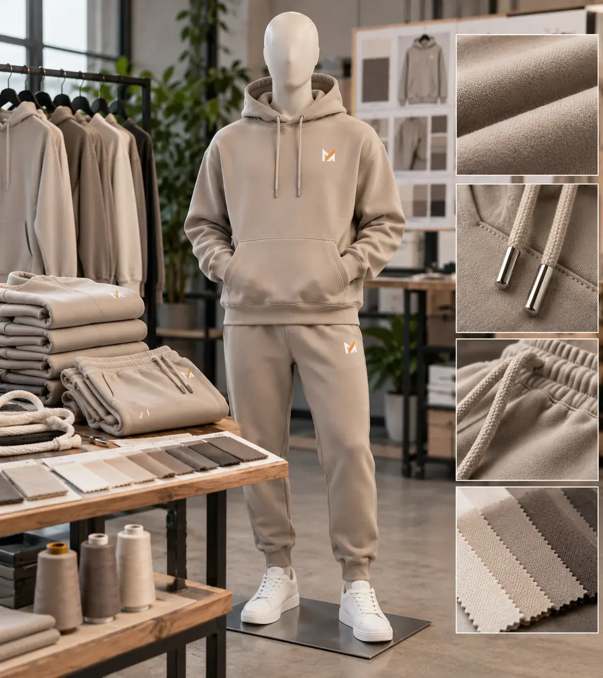 Beige matching hoodie and jogger sweatsuit with Mega Apparel logos displayed on a faceless mannequin, surrounded by fabric swatches, stitching details, and color-matching samples in a quality control studio.