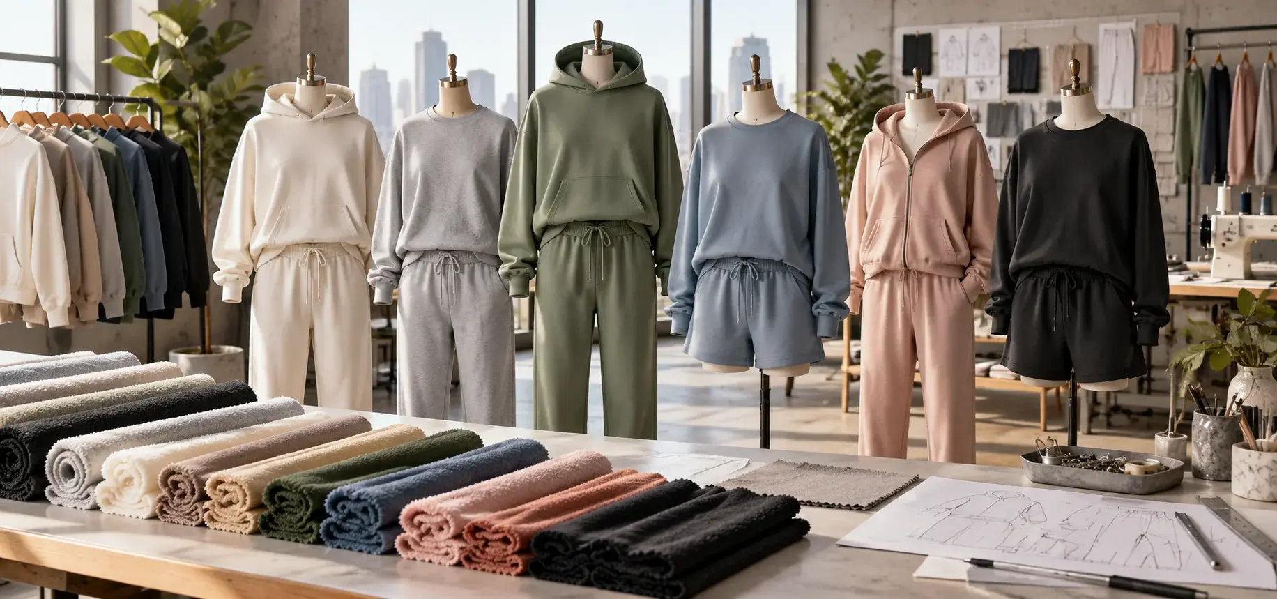 Custom shorts sportswear displayed on mannequins, including a tracksuit jacket, performance jersey, athletic leggings, T-shirt, and shorts, with fabric swatches, sewing machines, and garment patterns in a clothing manufacturing studio.
