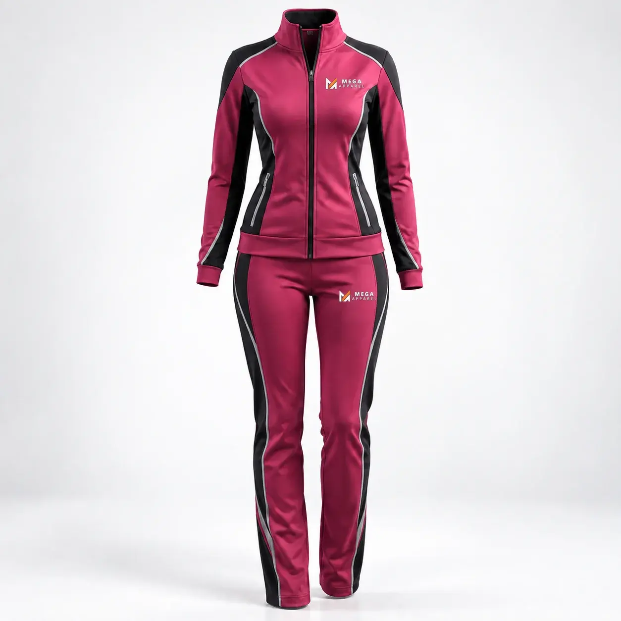Pink and black women’s tracksuit with a fitted zip-up jacket, matching slim pants, contrast side panels, and Mega Apparel logos on the chest and pants.