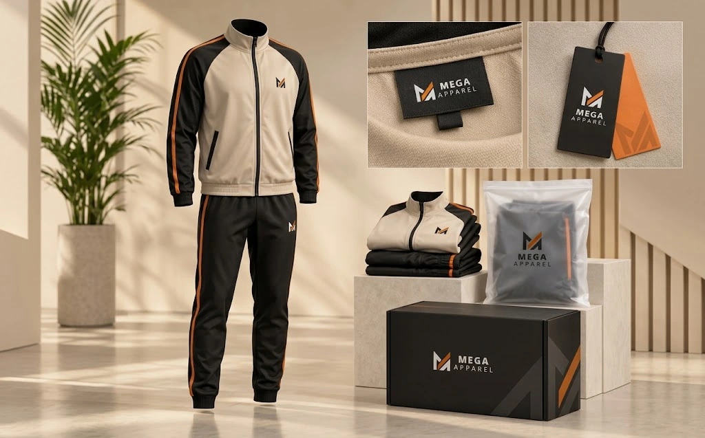 Custom beige and black tracksuit on a mannequin with Mega Apparel branding, woven neck label, branded hang tags, folded garments, polybag packaging, and a custom shipping box.